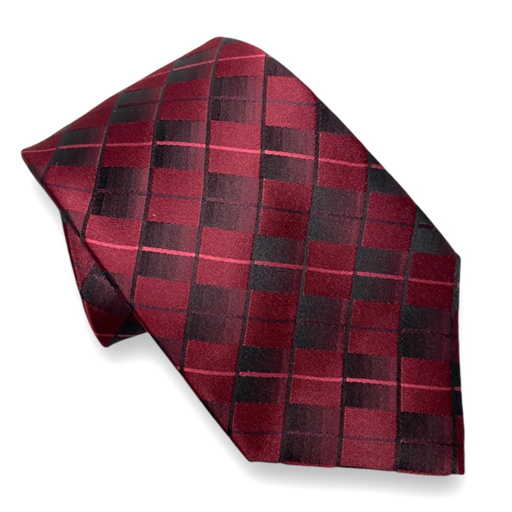 Vintage Silk Red Necktie Via Europa Fine Neckwear Tie Burgundy Plaid Check Retro